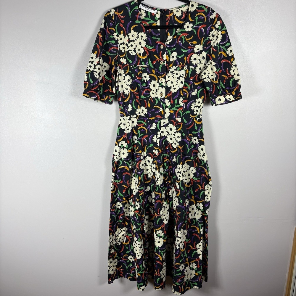Sonia Rykiel Black Multicolor‎ Floral Fit And Flare Pleated Midi Dress Vintage